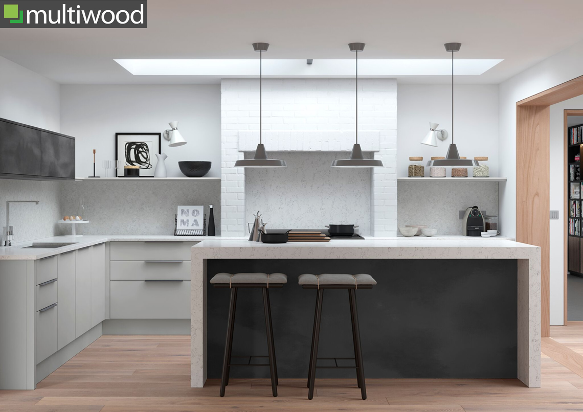 Multiwood Cosdon – Matt Light Grey & Black Steel Kitchen